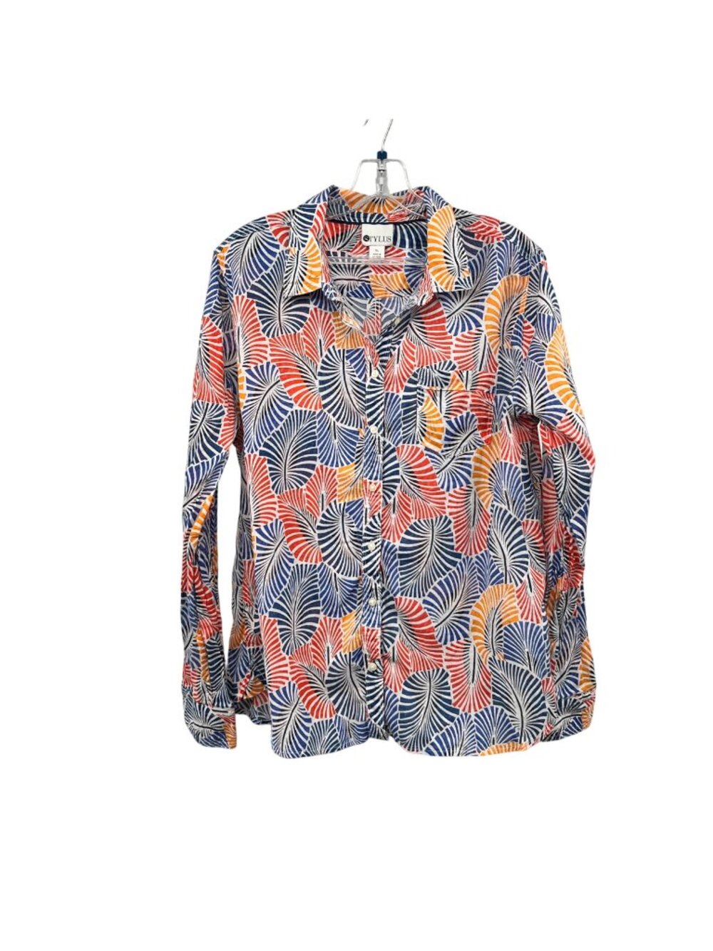 Stylus Womens Leaf Print Button Up Top Long Sleeve Sheer Multicolor Size XL